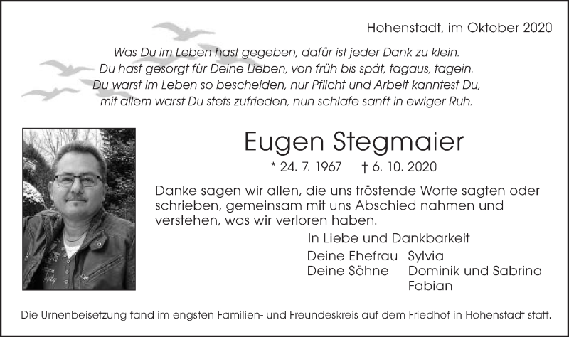  Traueranzeige für Eugen Stegmaier vom 16.10.2020 aus Schwäbische Post