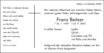 Traueranzeige von Franz Beitzer von Schwäbische Post