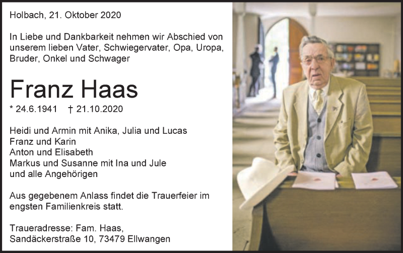  Traueranzeige für Franz Haas vom 23.10.2020 aus Schwäbische Post