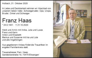 Traueranzeige von Franz Haas von Schwäbische Post