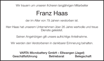 Traueranzeige von Franz Haas von Schwäbische Post