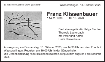 Traueranzeige von Franz Klissenbauer von Schwäbische Post