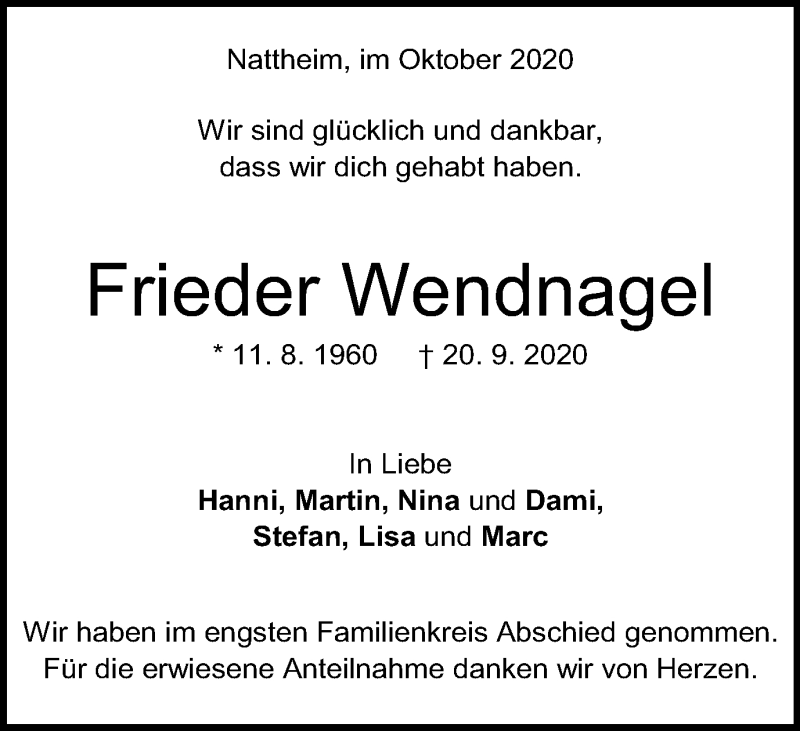  Traueranzeige für Frieder Wendnagel vom 07.10.2020 aus Schwäbische Post