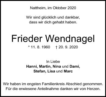 Traueranzeige von Frieder Wendnagel von Schwäbische Post
