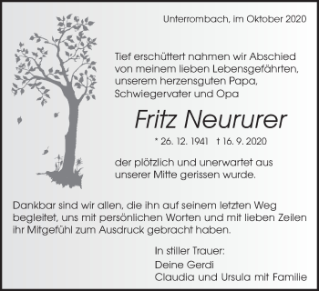 Traueranzeige von Fritz Neururer von Schwäbische Post