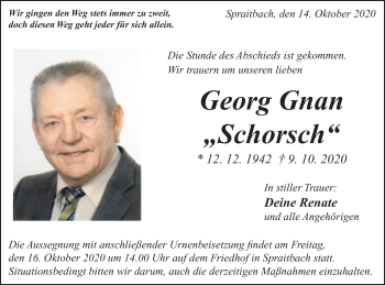 Traueranzeige von Georg Gnan von Gmünder Tagespost