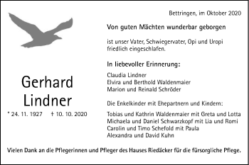 Traueranzeige von Gerhard Lindner von Gmünder Tagespost