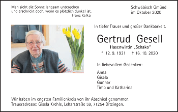Traueranzeige von Gertrud Gesell von Gmünder Tagespost