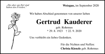 Traueranzeige von Gertrud Kauderer von Gmünder Tagespost
