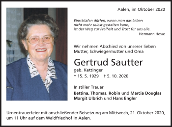 Traueranzeige von Gertrud Sautter von Schwäbische Post