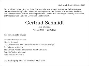 Traueranzeige von Gertrud Schmidt von Gmünder Tagespost