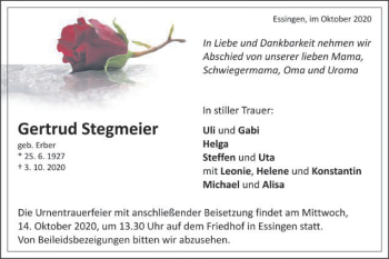 Traueranzeige von Gertrud Stegmeier von Schwäbische Post