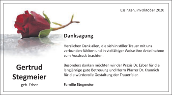 Traueranzeige von Gertrud Stegmeier von Schwäbische Post