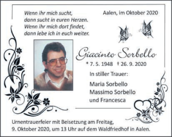 Traueranzeige von Giacinto Sorbello von Schwäbische Post