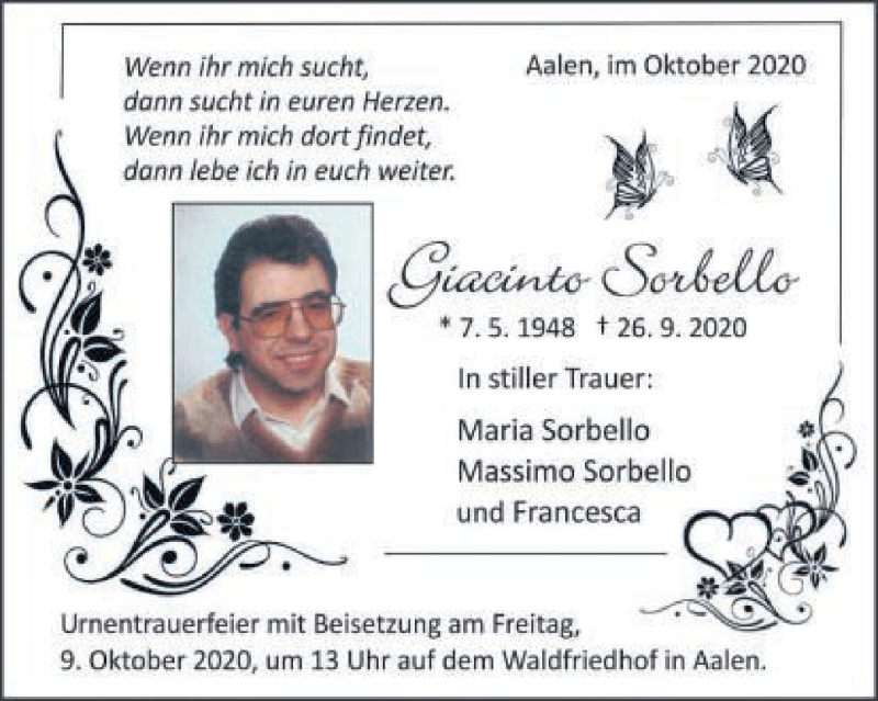  Traueranzeige für Giacinto Sorbello vom 07.10.2020 aus Schwäbische Post