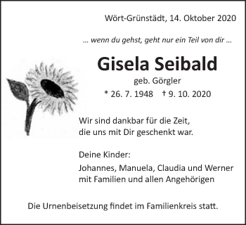 Traueranzeige von Gisela Seibald von Schwäbische Post