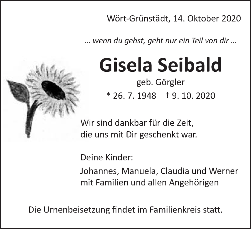  Traueranzeige für Gisela Seibald vom 14.10.2020 aus Schwäbische Post