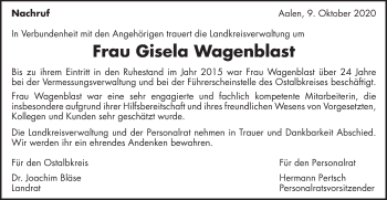 Traueranzeige von Gisela Wagenblast von Schwäbische Post