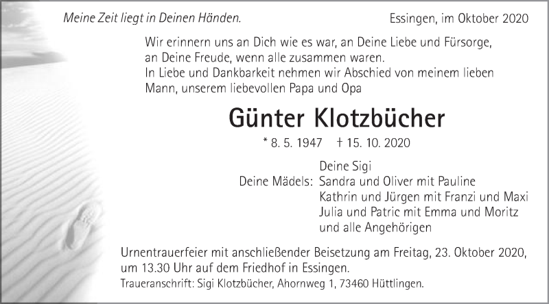  Traueranzeige für Günter Klotzbücher vom 21.10.2020 aus Schwäbische Post