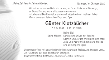 Traueranzeige von Günter Klotzbücher von Schwäbische Post