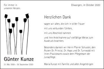 Traueranzeige von Günter Kunze von Schwäbische Post