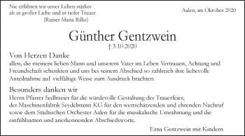 Traueranzeige von Günther Gentzwein von Schwäbische Post