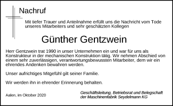 Traueranzeige von Günther Gentzwein von Schwäbische Post