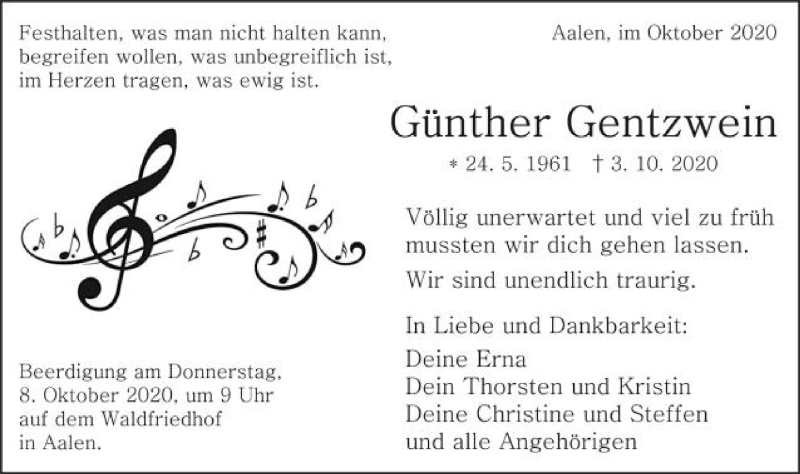  Traueranzeige für Günther Gentzwein vom 06.10.2020 aus Schwäbische Post