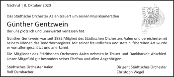 Traueranzeige von Günther Gentzwein von Schwäbische Post
