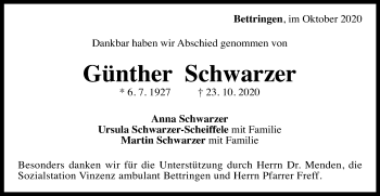 Traueranzeige von Günther Schwarzer von Gmünder Tagespost