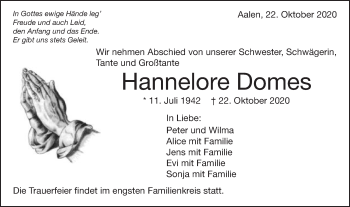 Traueranzeige von Hannelore Domes von Schwäbische Post