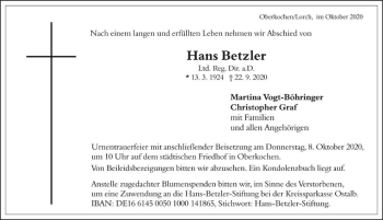 Traueranzeige von Hans Betzler von Amtsblatt_Oko