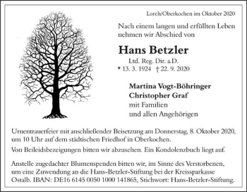 Traueranzeige von Hans Betzler von Schwäbische Post