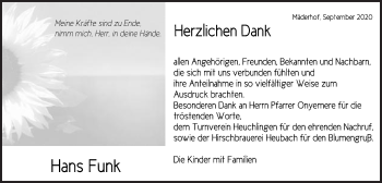 Traueranzeige von Hans Funk von Gmünder Tagespost