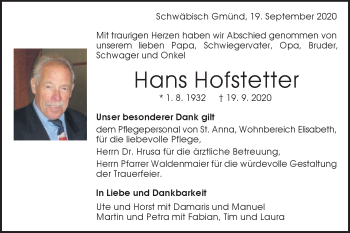 Traueranzeige von Hans Hofstetter von Gmünder Tagespost