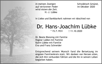 Traueranzeige von Hans-Joachim Lübke von Gmünder Tagespost