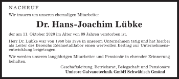Traueranzeige von Hans-Joachim Lübke von Gmünder Tagespost