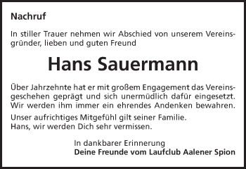Traueranzeige von Hans Sauermann von Schwäbische Post