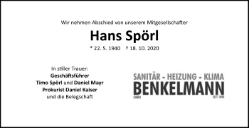 Traueranzeige von Hans Spörl von Schwäbische Post