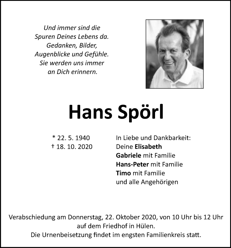  Traueranzeige für Hans Spörl vom 21.10.2020 aus Schwäbische Post
