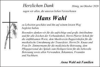 Traueranzeige von Hans Wahl von Gmünder Tagespost