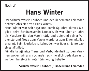 Traueranzeige von Hans Winter von Kocher-Lein-Bote