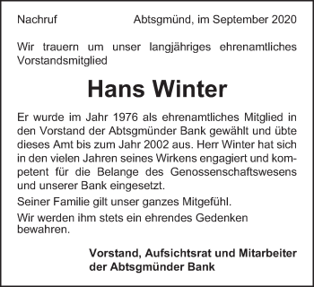 Traueranzeige von Hans Winter von Kocher-Lein-Bote