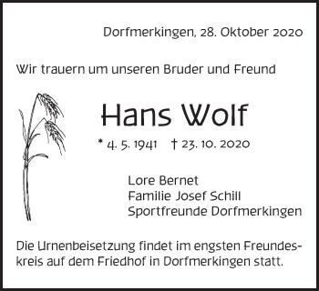 Traueranzeige von Hans Wolf von Schwäbische Post
