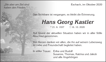 Traueranzeige von Hans Georg Kastler von Gmünder Tagespost