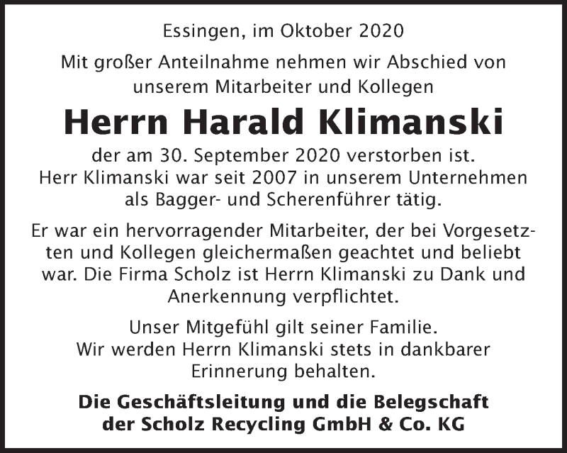  Traueranzeige für Harald Klimanski vom 08.10.2020 aus Schwäbische Post