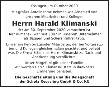 Traueranzeige von Harald Klimanski von Schwäbische Post