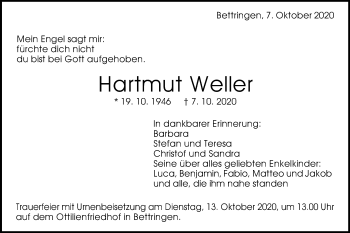 Traueranzeige von Hartmut Weller von Gmünder Tagespost