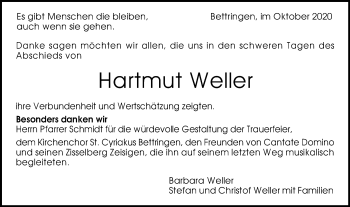 Traueranzeige von Hartmut Weller von Gmünder Tagespost