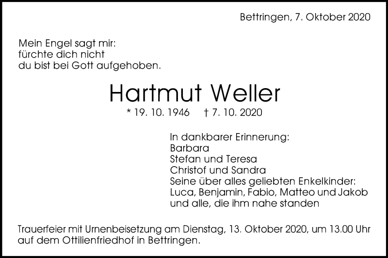  Traueranzeige für Hartmut Weller vom 10.10.2020 aus Gmünder Tagespost